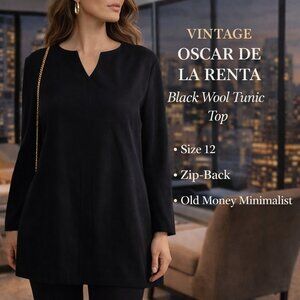 Vintage Oscar de la Renta Black Wool Tunic Top SZ12 Classic Minimal Quiet Luxe